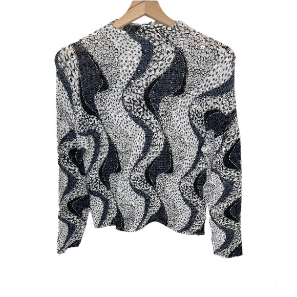 ALBERTO MAKALI Women's Crinkle Sequin Leopard Animal Print Top Blous Black White - Picture 1 of 15